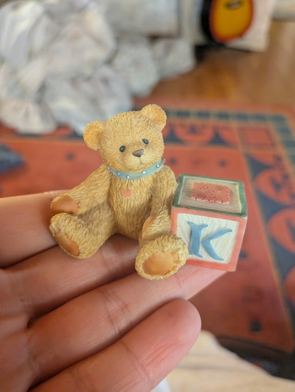 1995 Priscilla Hillman Tan Teddy Bear with Pink-Trim Block